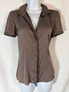 Theory Brown Silk Blend Short-Sleeve Ruffled Front Top